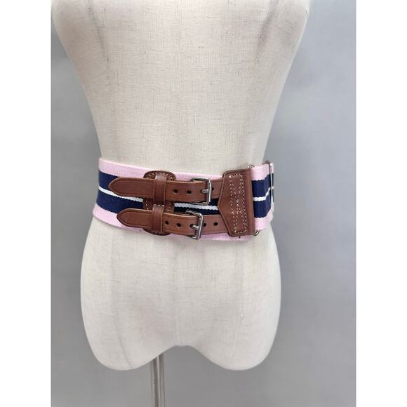 Polo Ralph Lauren Pink Navy Striped Webbed Canvas Double Buckle Belt Size Small - Picture 2 of 16